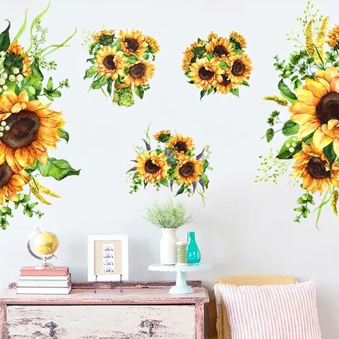 Watercolor Sunflower Wall Stickers PVC Waterproof Floral Decals For Living Room Bedroom Home Decor Multi Color Wall Art
