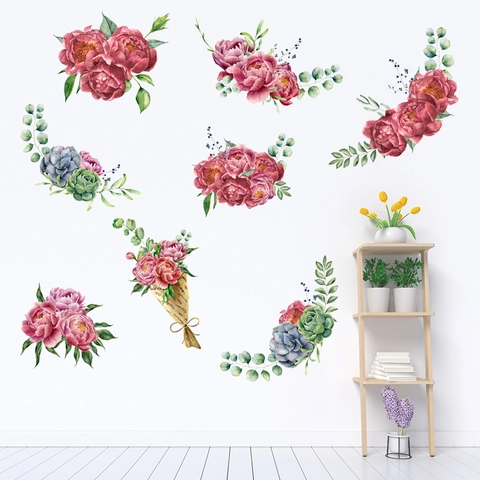 Adesivi Murali Fiori di Peonia Acquerello Decalcomanie Botaniche Succulente PVC Impermeabile Murale Fai da Te Soggiorno Camera
