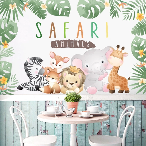 Cartoon Dschungel Safari Tiere Wandaufkleber Aquarell Löwe Elefant Giraffe Zebra PVC Wasserdichte Deko Für Kinderzimmer