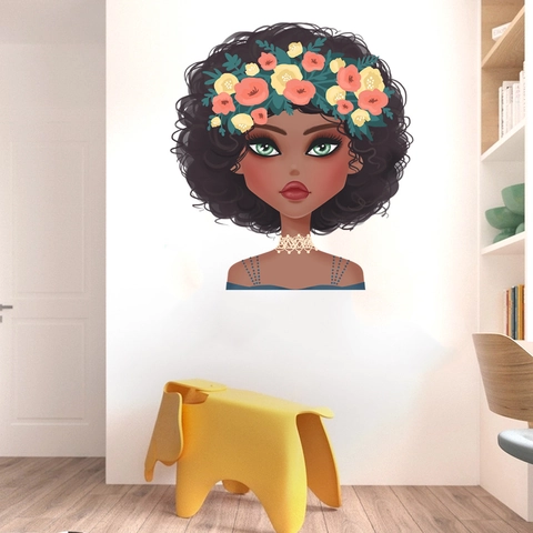 Abnehmbarer PVC Afro Afrikanisches Mädchen Wandaufkleber Blumenkrone Porträt Aufkleber Für Kinderzimmer Schlafzimmer Deko