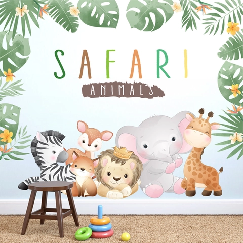 Cartoon Dschungel Safari Tiere Wandaufkleber Aquarell Löwe Elefant Giraffe Zebra PVC Wasserdichte Deko Für Kinderzimmer