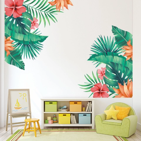 Pegatinas de Pared de Hojas Verdes Tropicales y Flores de Hibisco PVC Impermeable Calcomanías de Pared para Sala de Estar Dormitorio