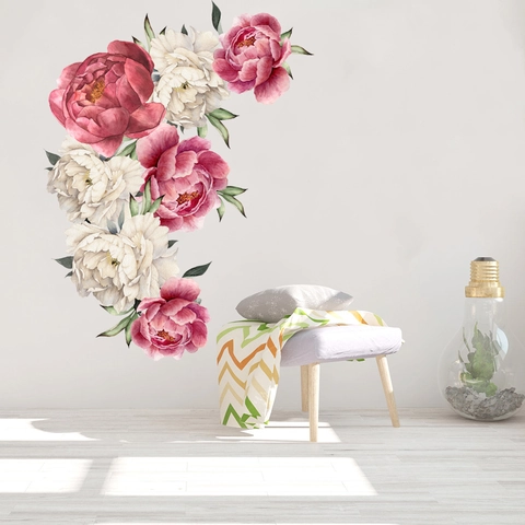 Pegatinas de Pared de Flores de Peonía y Rosa Acuarela PVC Impermeable Removible Calcomanías Florales para Sala Dormitorio