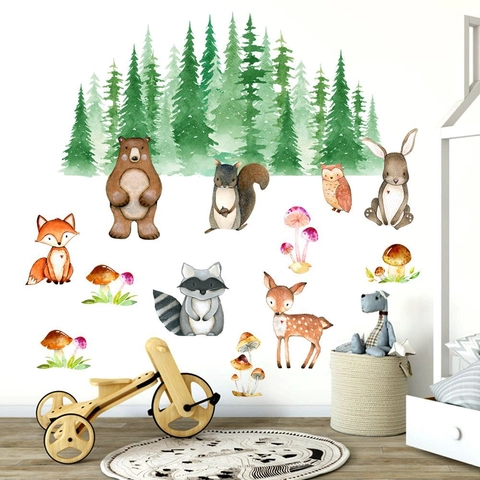 Aquarell Waldtiere Wandaufkleber PVC Abnehmbares Tattoo Für Kinderzimmer Kindergarten Bär Fuchs Hirsch Eule Pilz Wandbild