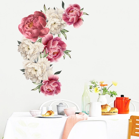 Pegatinas de Pared de Flores de Peonía y Rosa Acuarela PVC Impermeable Removible Calcomanías Florales para Sala Dormitorio