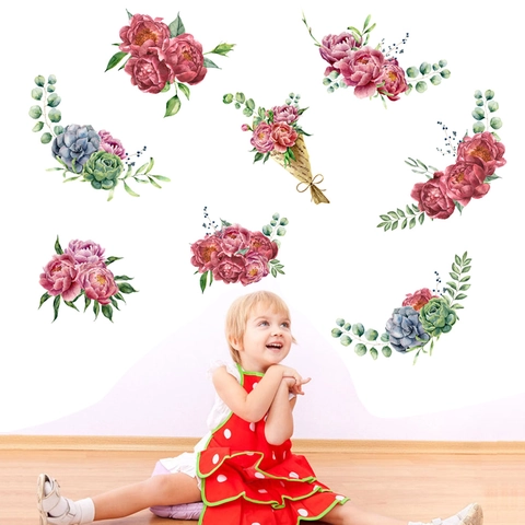 Adesivi Murali Fiori di Peonia Acquerello Decalcomanie Botaniche Succulente PVC Impermeabile Murale Fai da Te Soggiorno Camera