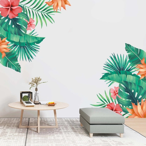 Pegatinas de Pared de Hojas Verdes Tropicales y Flores de Hibisco PVC Impermeable Calcomanías de Pared para Sala de Estar Dormitorio