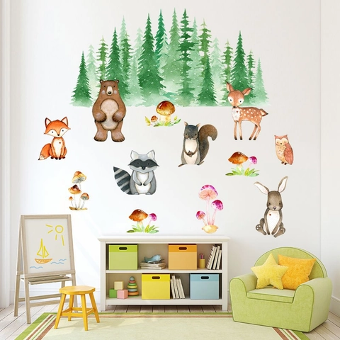 Aquarell Waldtiere Wandaufkleber PVC Abnehmbares Tattoo Für Kinderzimmer Kindergarten Bär Fuchs Hirsch Eule Pilz Wandbild