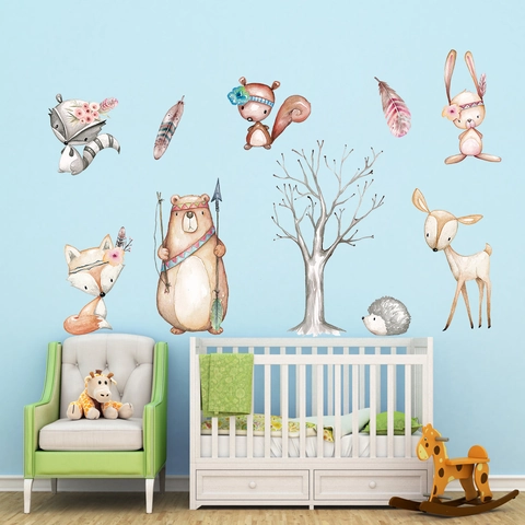 Aquarell Wald Tiere Wandtattoo Cartoon Fuchs Bär Hase PVC Wasserdicht Kinderzimmer Wandsticker Deko