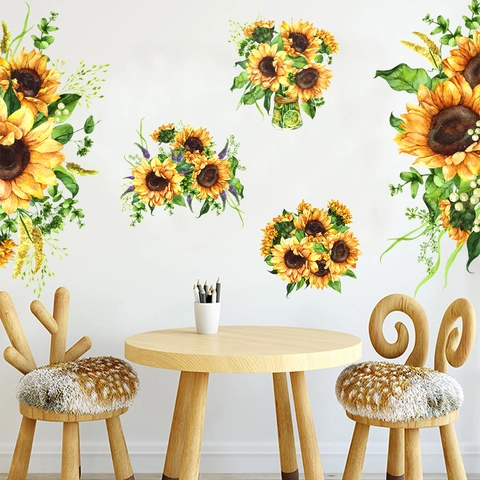 Watercolor Sunflower Wall Stickers PVC Waterproof Floral Decals For Living Room Bedroom Home Decor Multi Color Wall Art