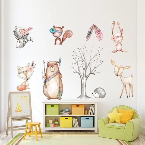 Aquarell Wald Tiere Wandtattoo Cartoon Fuchs Bär Hase PVC Wasserdicht Kinderzimmer Wandsticker Deko