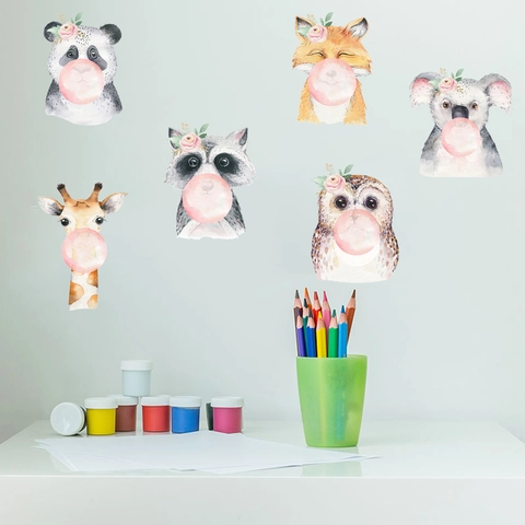 Watercolor Animal Blowing Bubble Wall Stickers For Kids Room Decor Fox Panda Owl Giraffe Koala Raccoon Waterproof PVC Decals