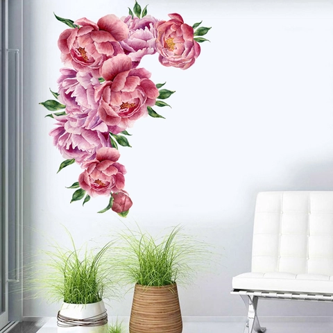 Adesivo Murale Peonia Rosa Impermeabile PVC Autoadesivo Acquerello Floreale Decalcomanie per Soggiorno Camera da Letto Casa