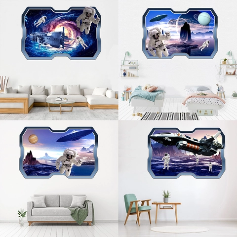 3D Ruimte Melkweg Astronaut Muursticker Waterdicht PVC Ruimteschip UFO Zwart Gat Decor Voor Kinderkamer Woonkamer
