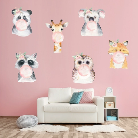 Watercolor Animal Blowing Bubble Wall Stickers For Kids Room Decor Fox Panda Owl Giraffe Koala Raccoon Waterproof PVC Decals