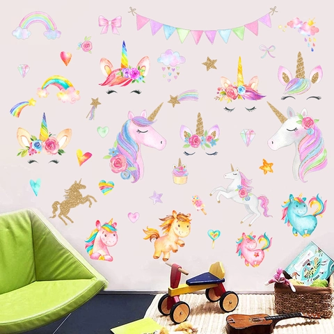 Watercolor Cartoon Unicorn Rainbow Wall Sticker PVC DIY Waterproof Wall Decal For Kids Room Nursery Bedroom Home Decoration