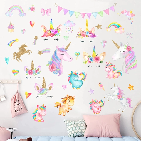 Watercolor Cartoon Unicorn Rainbow Wall Sticker PVC DIY Waterproof Wall Decal For Kids Room Nursery Bedroom Home Decoration