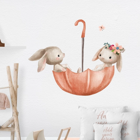 Adesivo da Parete Con Coniglio Cartone Animato Ad Acquerello In Ombrello PVC Impermeabile Per Cameretta Bambini Decorazione