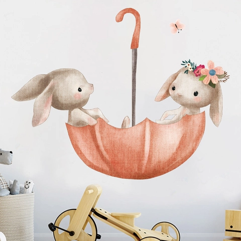 Adesivo da Parete Con Coniglio Cartone Animato Ad Acquerello In Ombrello PVC Impermeabile Per Cameretta Bambini Decorazione