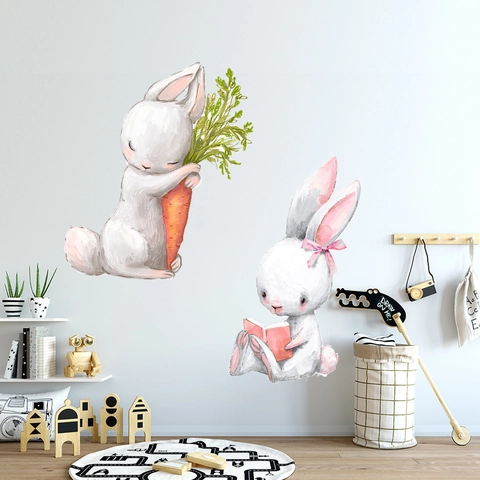 Stickers Muraux Aquarelle Lapin Carotte PVC Décalcomanies Amovibles pour Chambre d'Enfant Crèche Chambre Décoration Intérieure Murale
