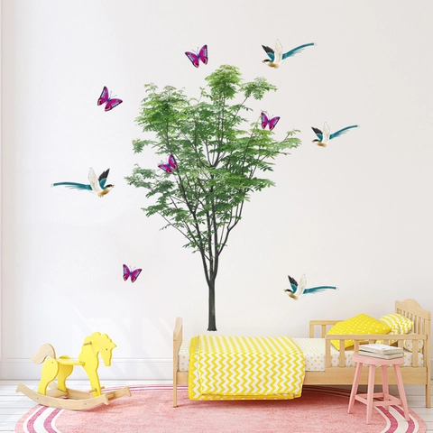 Adesivo da Parete Impermeabile in PVC Foglie di Albero Verde Farfalle Uccelli Stile Naturale per Soggiorno Camera da Letto Casa