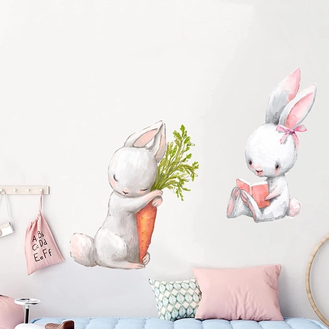Stickers Muraux Aquarelle Lapin Carotte PVC Décalcomanies Amovibles pour Chambre d'Enfant Crèche Chambre Décoration Intérieure Murale