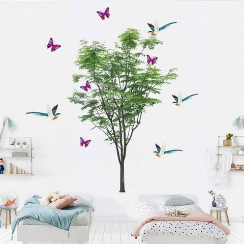 Adesivo da Parete Impermeabile in PVC Foglie di Albero Verde Farfalle Uccelli Stile Naturale per Soggiorno Camera da Letto Casa
