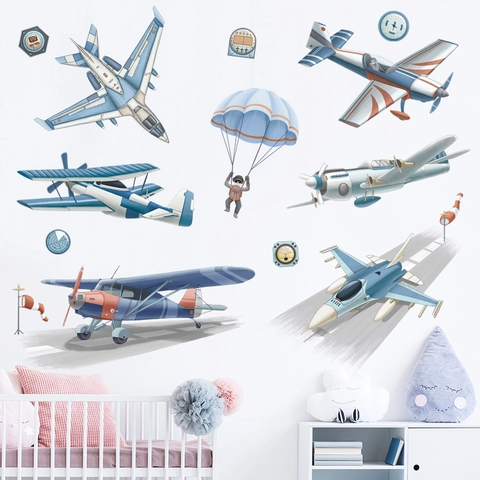 Pegatina De Pared Avión Paracaídas Dibujos Animados Para Decoración Habitación Niños Impermeable PVC Avión Combate Calcomanía Pared Decoración Hogar