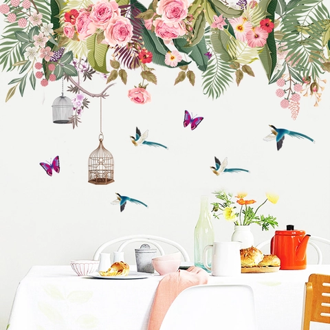Pfingstrose Schmetterling Blume Wandaufkleber PVC Wasserdicht Botanische Blätter Vögel Vogelkäfig Wandtattoo Für Wohnzimmer Schlafzimmer Home Decor