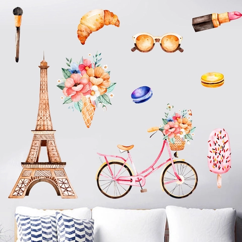 Stickers Muraux Aquarelle Tour Eiffel Vélo Rose PVC Autocollant Thème Parisien Décoration pour Salon Chambre Couloir