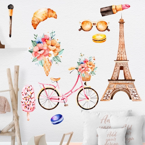 Stickers Muraux Aquarelle Tour Eiffel Vélo Rose PVC Autocollant Thème Parisien Décoration pour Salon Chambre Couloir