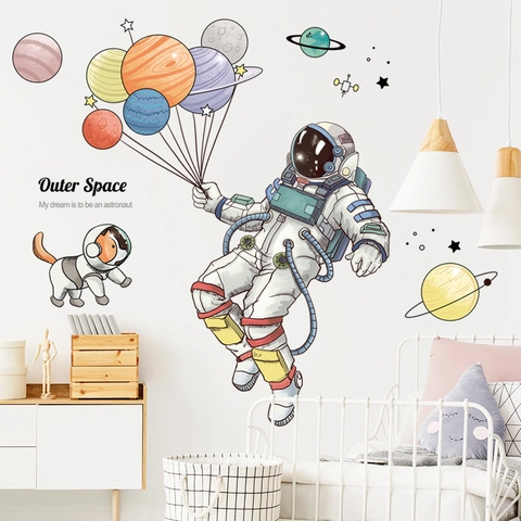Cartoon Astronaut Outer Space Wall Stickers Planet Spaceship Removable PVC Waterproof Wall Decal For Kids Room Kindergarten Home Decor