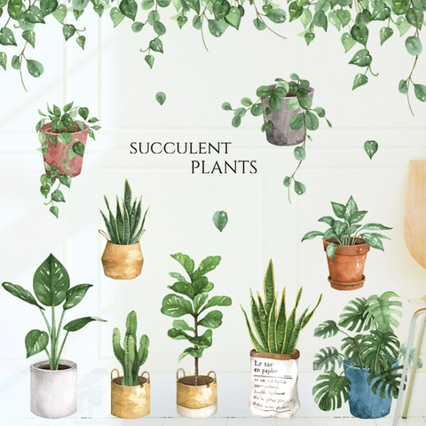 Sticker Mural Plantes Vertes en Pot Aquarelle PVC Amovible Cactus Monstera Feuille Décoration pour Salon Chambre à Coucher