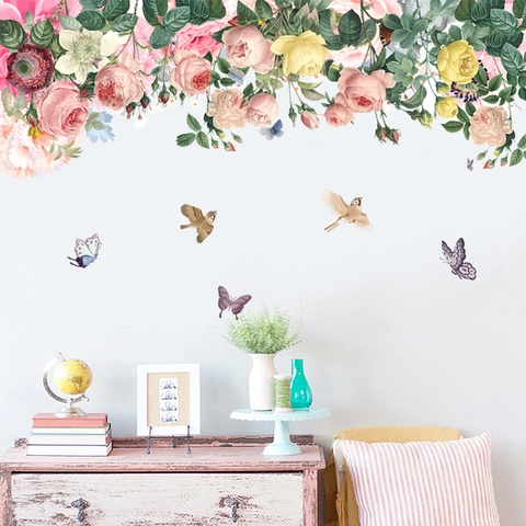 Vintage Blumenrebe Wandaufkleber Rosa Rosen Schmetterlinge Und Vögel Wasserdicht Abnehmbar Wandtattoo Für Wohnzimmer Deko