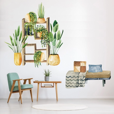 Adesivi da Parete in PVC Piante in Vaso Acquerello Impermeabile Foglia Verde Dipinta a Mano Decalcomania per Decorazione Casa