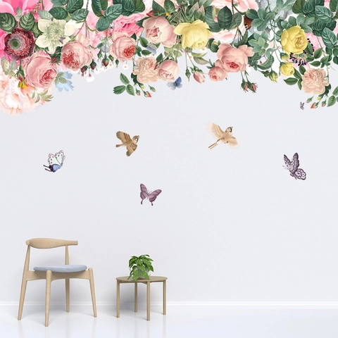 Vintage Blumenrebe Wandaufkleber Rosa Rosen Schmetterlinge Und Vögel Wasserdicht Abnehmbar Wandtattoo Für Wohnzimmer Deko