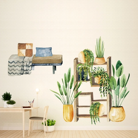Adesivi da Parete in PVC Piante in Vaso Acquerello Impermeabile Foglia Verde Dipinta a Mano Decalcomania per Decorazione Casa