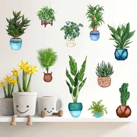Aquarell Topfpflanze Kaktus Grüne Blätter Wandaufkleber PVC Decals Für Kinderzimmer Schlafzimmer Wohnzimmer Haus Dekoration