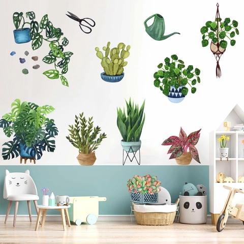 Pegatinas de Pared de Plantas en Maceta de Acuarela PVC Impermeable Removible Monstera Hiedra Arte de Pared para Salón Dormitorio
