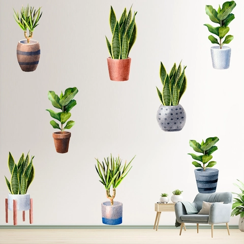 Pegatinas de Pared de Plantas Tropicales en Maceta Acuarela PVC Impermeable Hojas Calcomanías para Sala de Estar Dormitorio Hogar