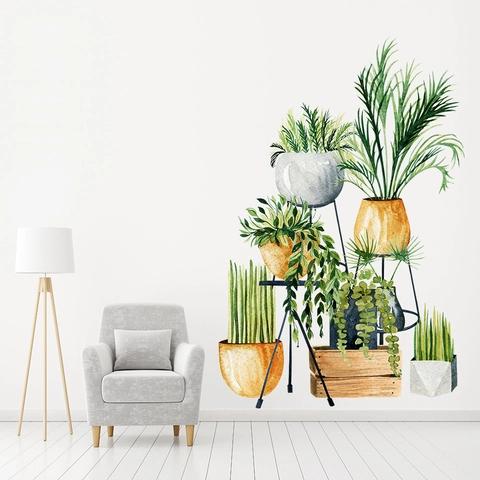 Pegatina de Pared Acuarela Plantas Verdes en Maceta Hojas Impermeable PVC Decoración Hogar Mural Para Sala Dormitorio