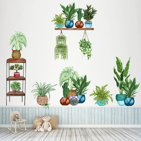 Adesivi Murali Piante in Vaso Acquerello Cactus Felci Foglie PVC Autoadesivo Per Soggiorno Camera Bambini Decorazione Casa