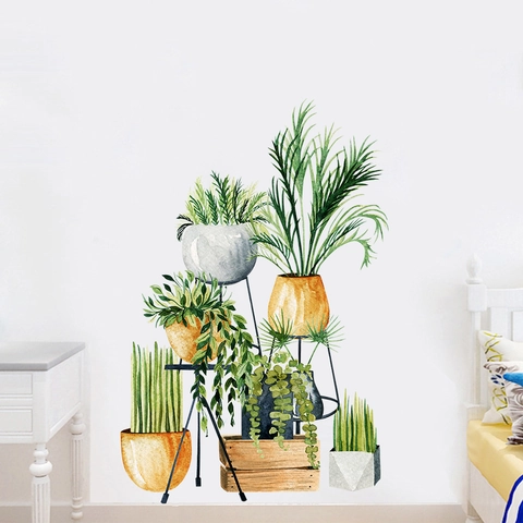 Pegatina de Pared Acuarela Plantas Verdes en Maceta Hojas Impermeable PVC Decoración Hogar Mural Para Sala Dormitorio