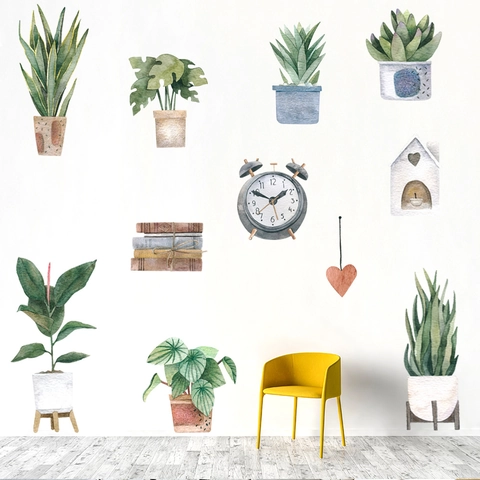 Pegatinas de Pared de Plantas en Maceta Verdes en Acuarela PVC Impermeable Reloj Hoja Calcomanías para Sala de Estar Dormitorio Hogar