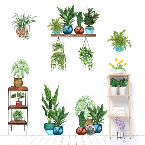 Adesivi Murali Piante in Vaso Acquerello Cactus Felci Foglie PVC Autoadesivo Per Soggiorno Camera Bambini Decorazione Casa