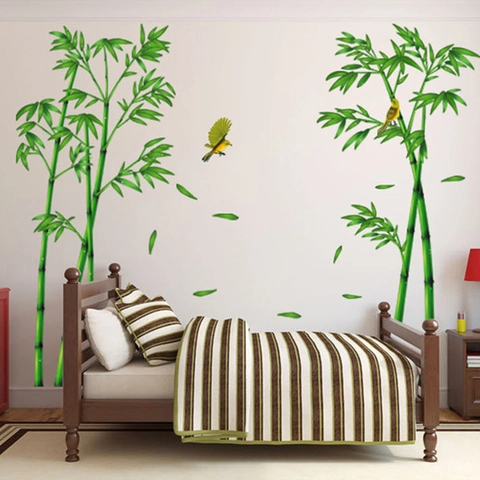 Pegatina de Pared Estilo Chino Bambú Verde Pájaro Amarillo Impermeable Removible PVC Mural para Decoración de Pared Hogar