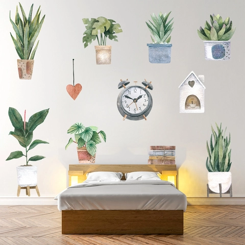 Pegatinas de Pared de Plantas en Maceta Verdes en Acuarela PVC Impermeable Reloj Hoja Calcomanías para Sala de Estar Dormitorio Hogar