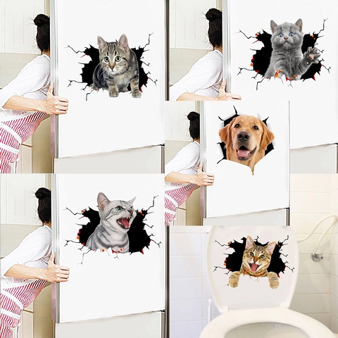 Pegatinas de Pared 3D Creativas para Gatos y Perros Calcomanía de PVC Impermeable para Inodoro Refrigerador Sala de Estar Dormitorio