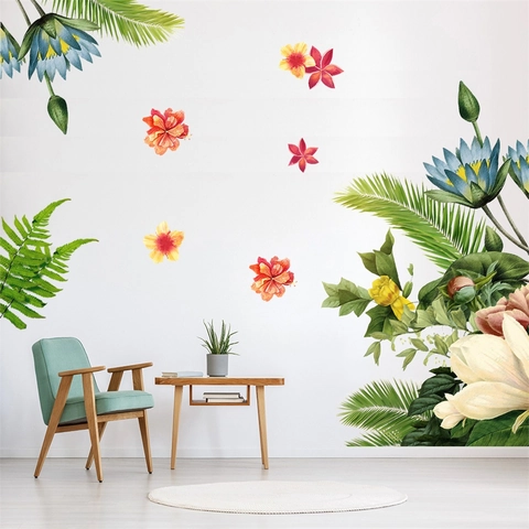 Adesivi Murali Fiori E Foglie Verdi Tropicali in PVC Impermeabile Rimovibile Decalcomanie Da Muro Botaniche Per Soggiorno Camera Da Letto Casa