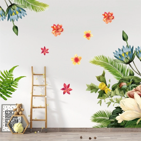 Adesivi Murali Fiori E Foglie Verdi Tropicali in PVC Impermeabile Rimovibile Decalcomanie Da Muro Botaniche Per Soggiorno Camera Da Letto Casa